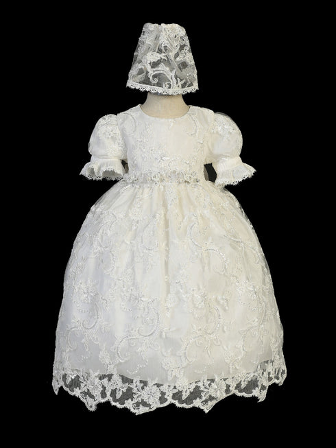Tip Top Kids Baby Girls Ivory Sequin Ropone Bonnet Baptism Gown 0-9M - SophiasStyle.com